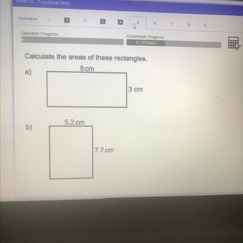 Calculate the areas of these rectangles, Bem a) 8 cm 5.2 cm b) 77 cm-example-1