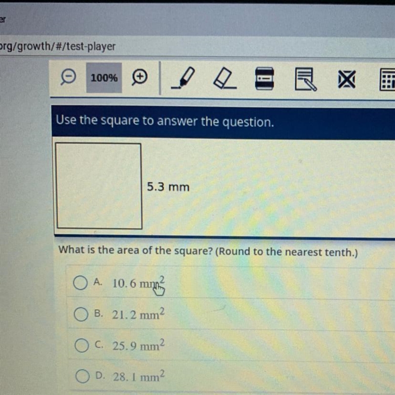 5.3 mm What is the area of the square? (Round to the nearest tenth.) A. 10.6 0.6 mmg-example-1