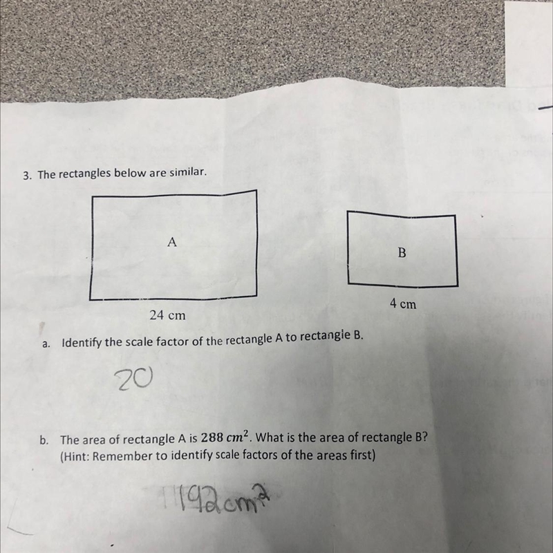 3. The rectangles below are similar, A B 4 cm 24 cm B. a. Identify the scale factor-example-1