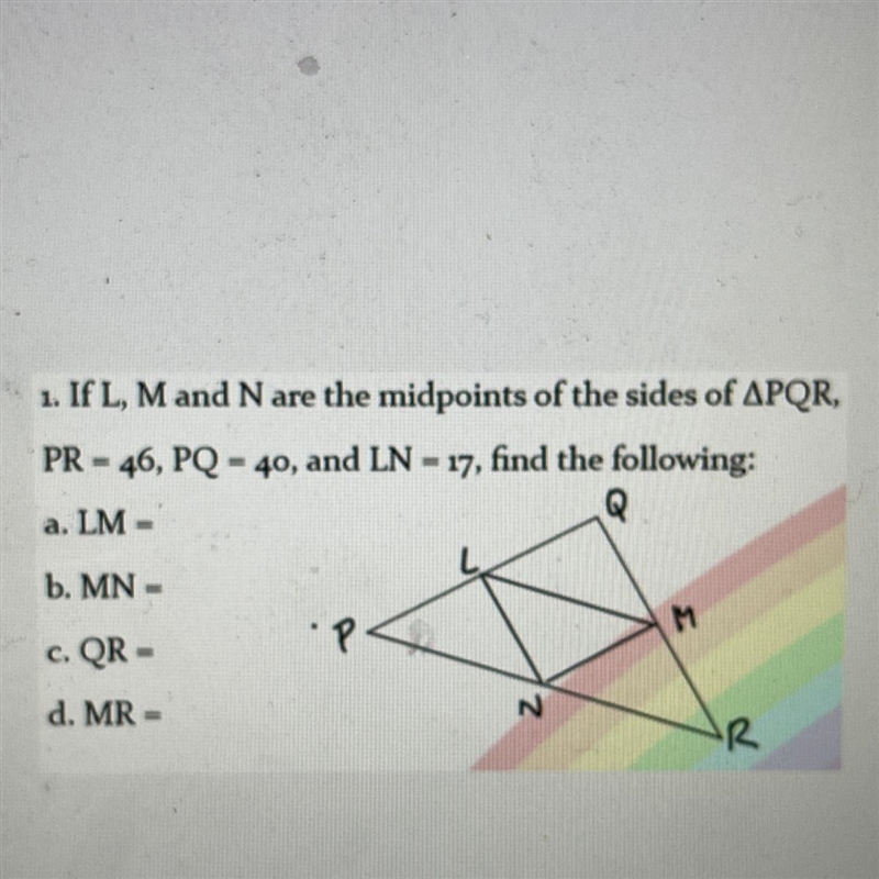 What are the lengths of LM, MN, QR, and MR?-example-1