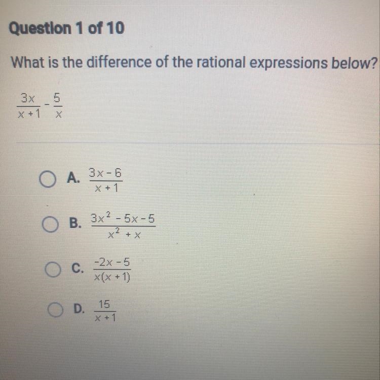 What is the difference of the rational expressions below? 3x/x+1 minus 5/x-example-1