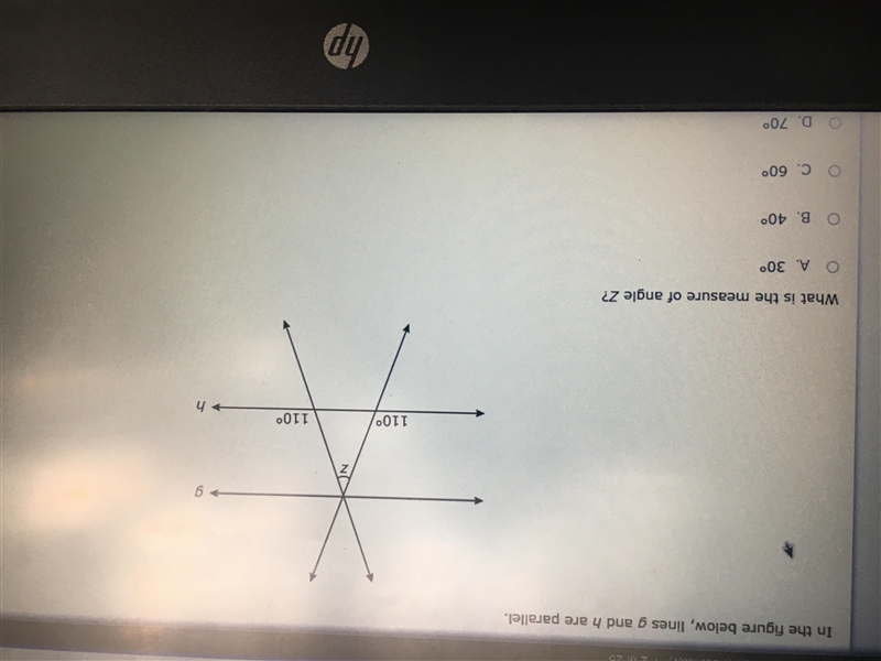 In figure below, lines g and h are parallel what is the measure of angle z?-example-1