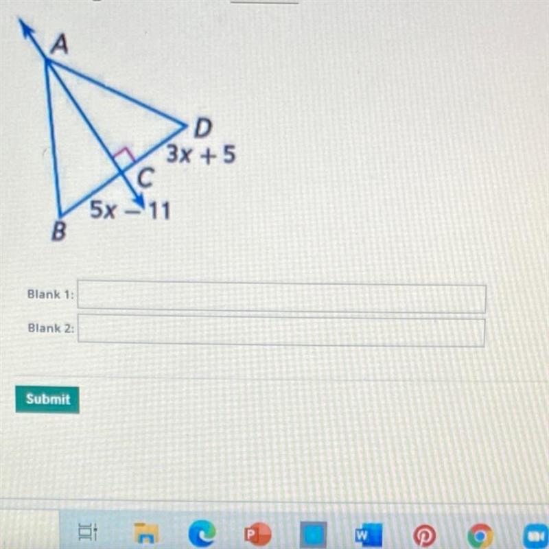 Fill in the blank. In the figure below, CA is the perpendicular bisector of AC . Find-example-1