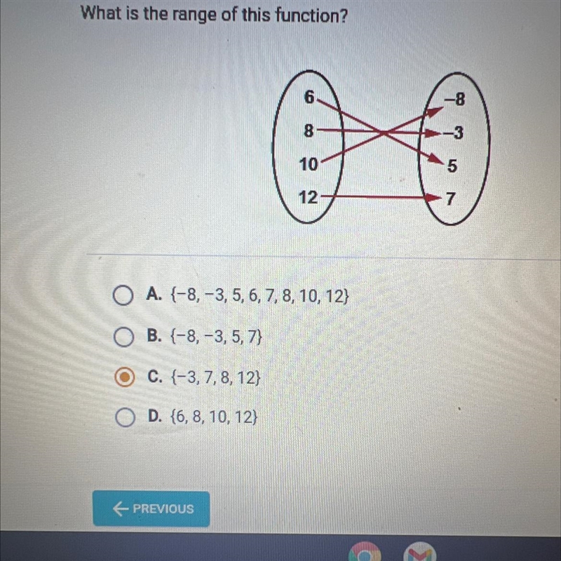 What is the range of this function? (6,-8) (8,-3) (10,5) (12,7) A. (-8, -3, 5, 6, 7, 8, 10, 12) B-example-1