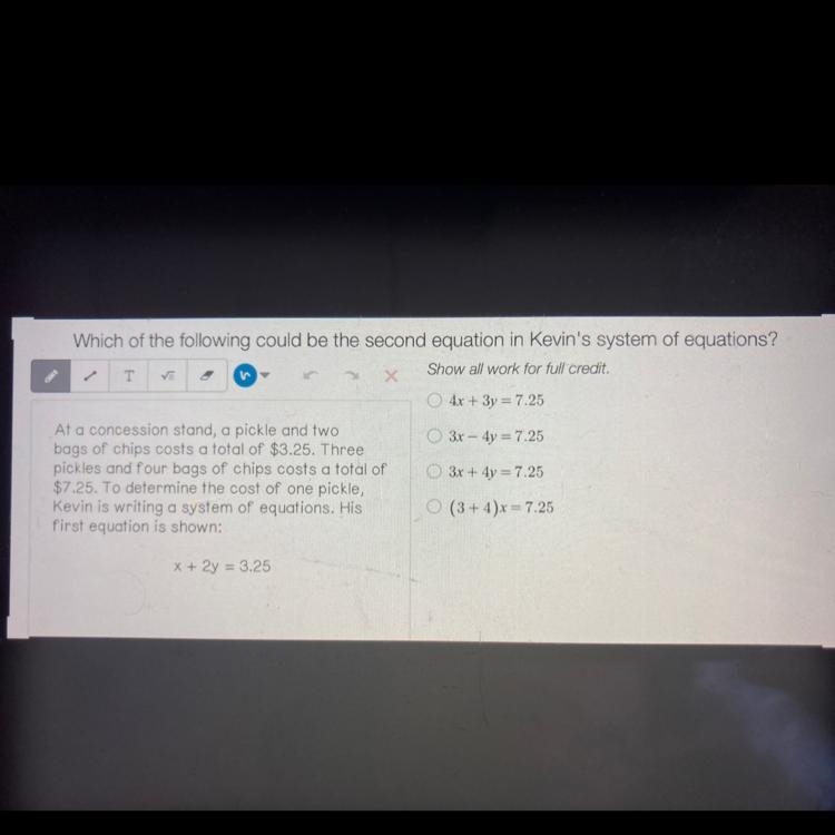 Wich of the following could be the second equation in Kevins system of equations?-example-1