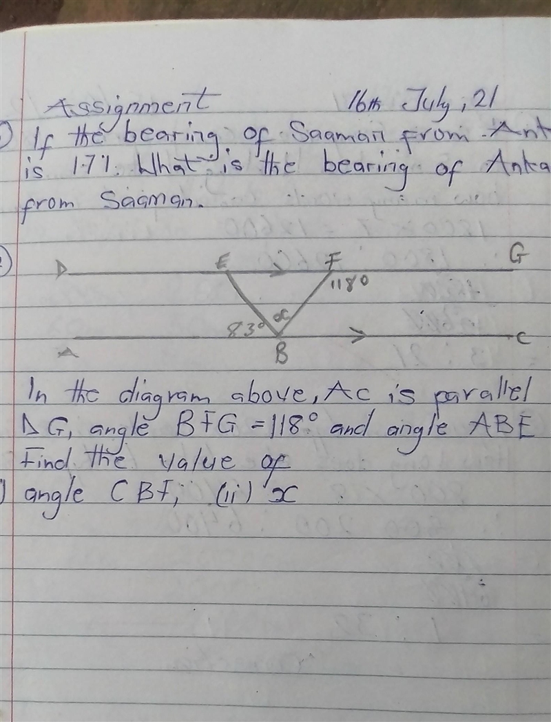 If the bearing of Saaman from Ankaase is 171. What is the bearing of Ankaase from-example-1