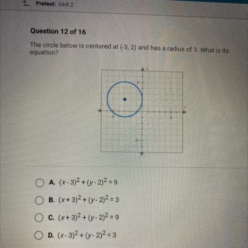 The circle below is centered at (-3, 2) and has a radius of 3. What is its equation-example-1