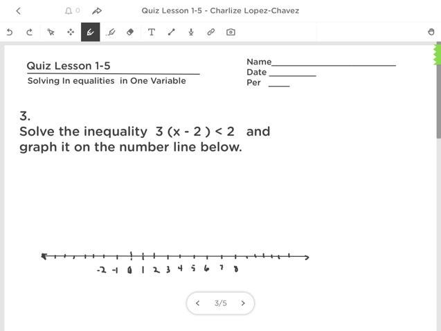 Solve the inequality 3(x - 2) < 2 and graph it on number line-example-1