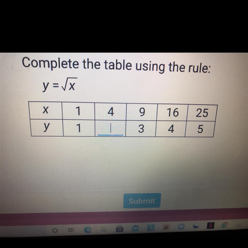 HELP QUICK!!!! Complete the table using the rule: y = x Х 1 4 9 16 25 у 1 3 4 5-example-1