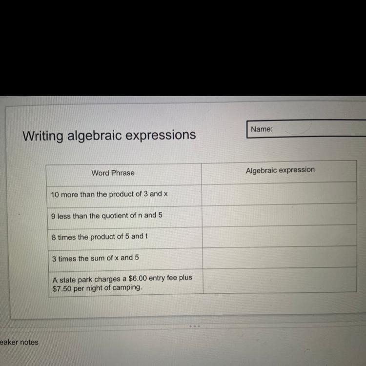 Word Phrase Algebraic expression 10 more than the product of 3 and x 9 less than the-example-1