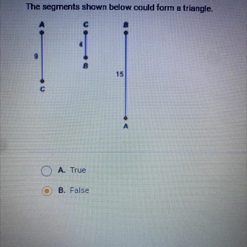 The segments shown below could form a triangle. 15 A O A. True B. False-example-1