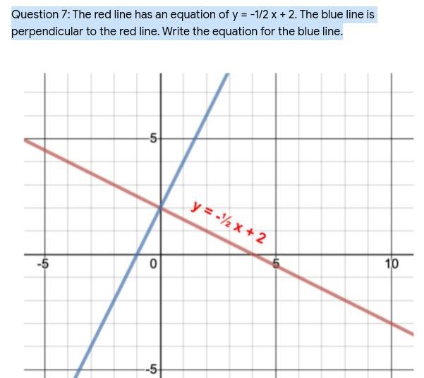 Question 7: The red line has an equation of y = -1/2 x + 2. The blue line is perpendicular-example-1