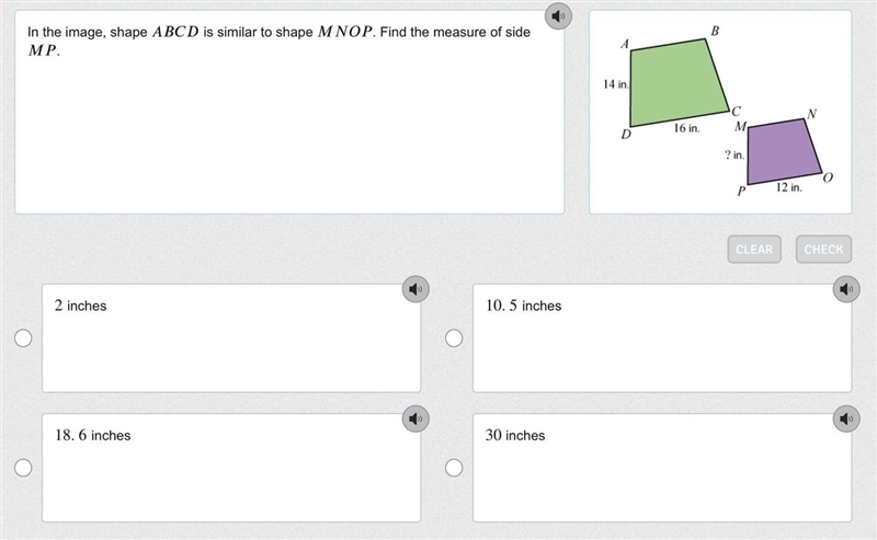 In the image, shape is similar to shape . Find the measure of side .-example-1