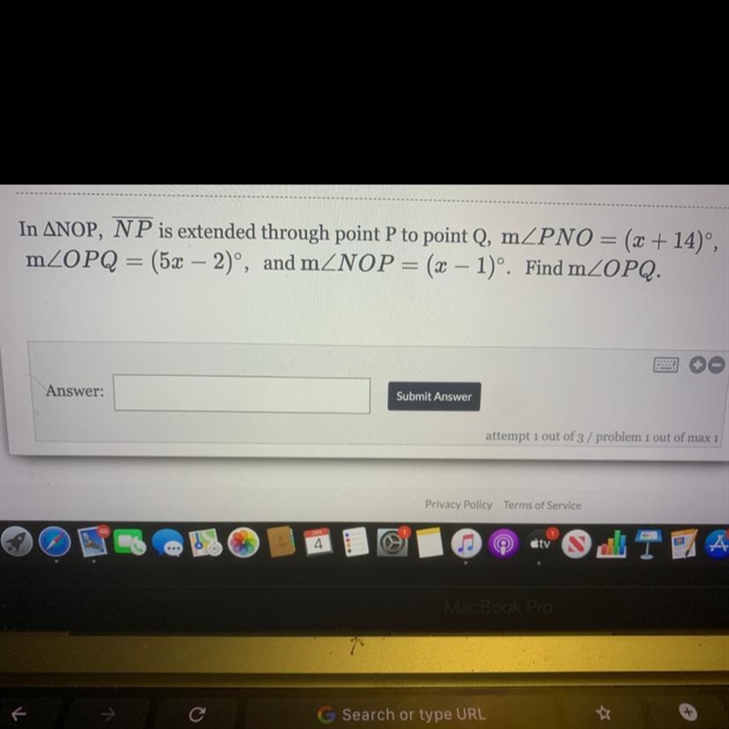 In ANOP, NP is extended through point P to point Q, mZPNO = (x + 14), mZOPQ = (5x-example-1