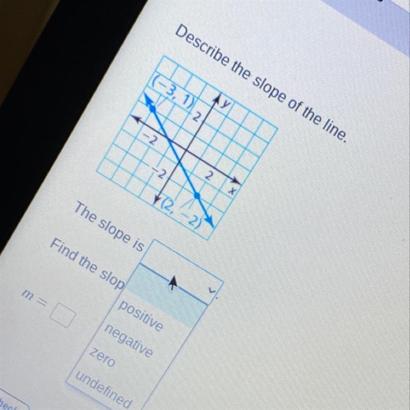 Describe the slope of the line Find the slope. m =-example-1