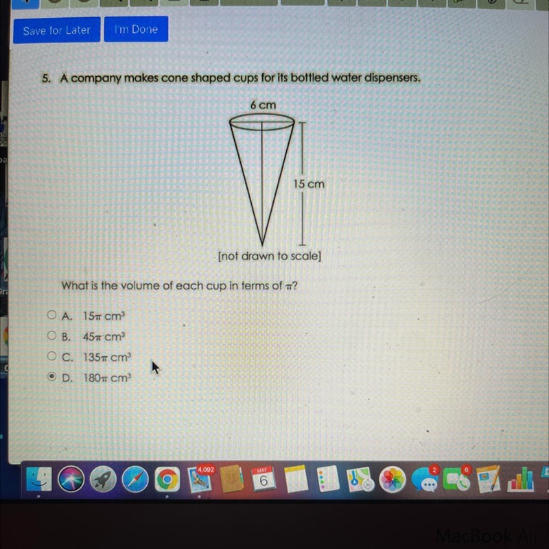 5. A company makes cone shaped cups for its bottled water dispensers. 6 cm 900 15 cm-example-1