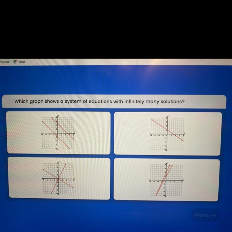 Which graph shows a system of equations with infinitely many solutions ? - HELPP PLS-example-1