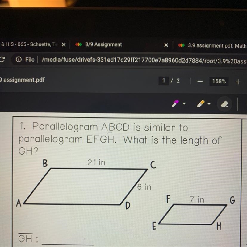 1. Parallelogram ABCD is similar to parallelogram EFGH. What is the length of GH? B-example-1