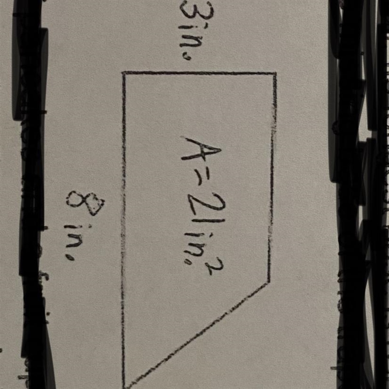 HELP QUICK PLEASE!!!!!! If a trapezoid is 3 inches tall, it's longest base is 8 inches-example-1