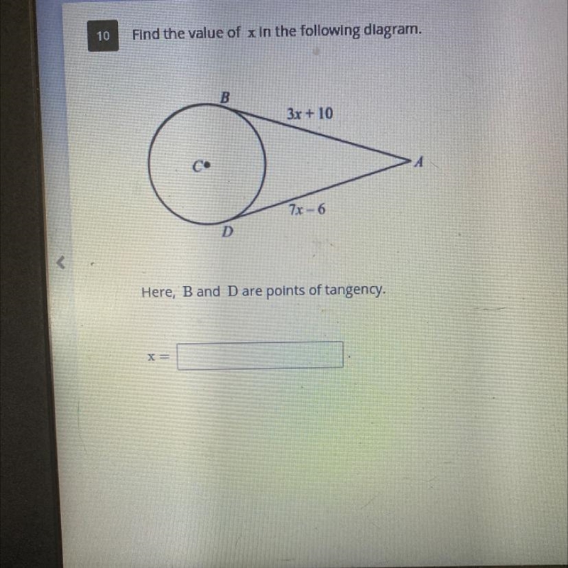 Find the value of X in the following diagram. Here, B and D are points of tangency-example-1