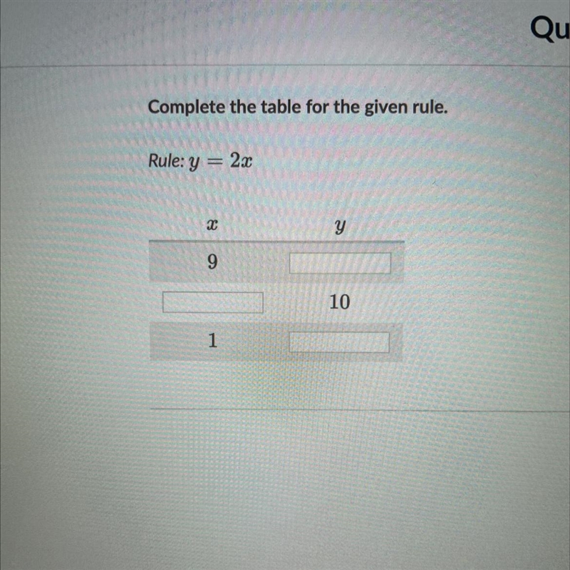 Complete the table for the given rule. Rule: y = 2x х y 9 10 1-example-1