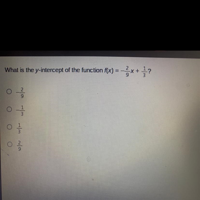 What is the y intercept of the function f(x)=-2/9x+1/3?-example-1