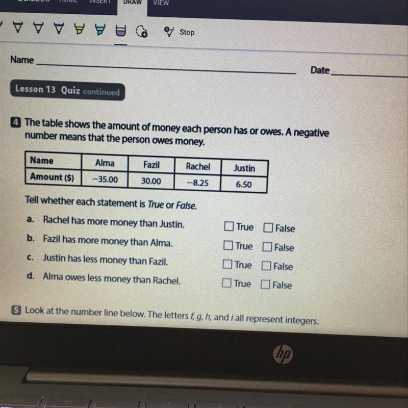 The table shows the amount of money each person has or owes. A negative number means-example-1