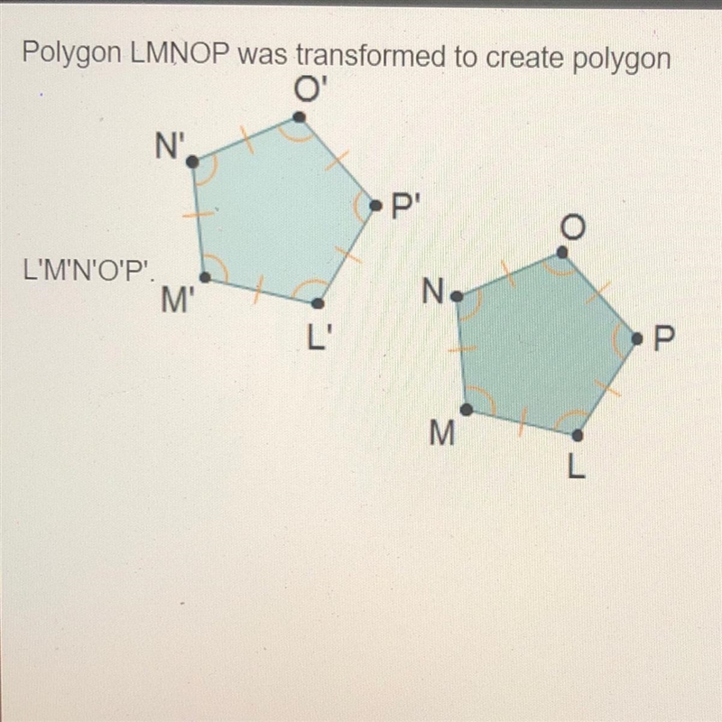 (GEOMETRY) Polygon LMNOP was transformed to create polygon L’M’N’O’P’ Which angle-example-1