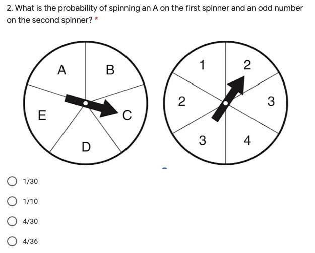 2. What is the probability of spinning an A on the first spinner and an odd number-example-1