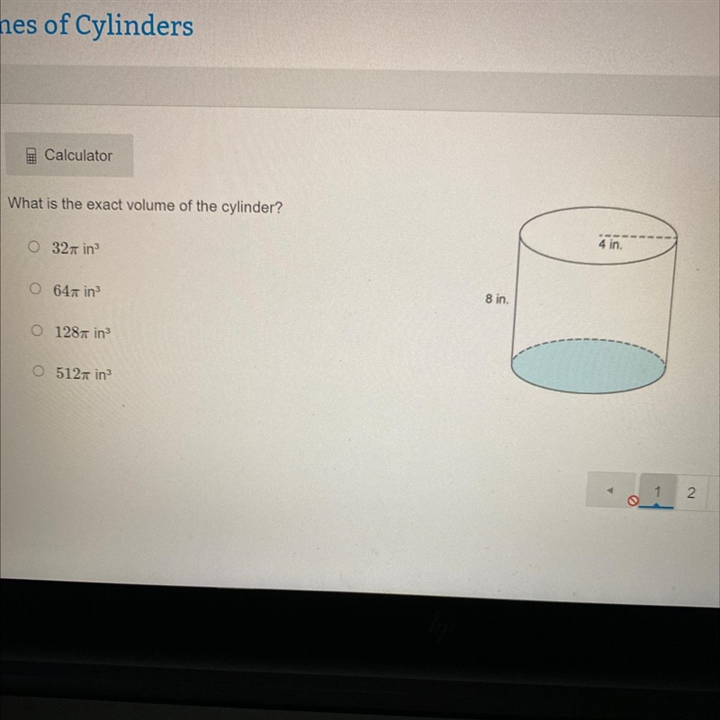 What is the exact volume of the cylinder? A 32m in B 64m in C 123m in D 512m in-example-1