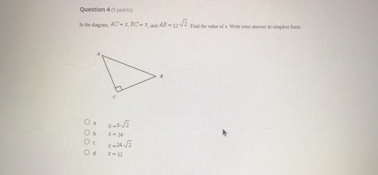 Question 4 (5 points) In the diagram, AC = x, BC = x, and AB = 12-V3. Find the value-example-1