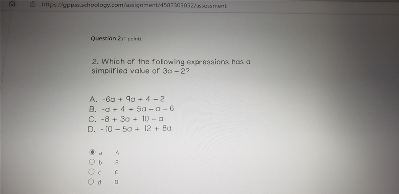 Ehich of thr following expressions has a Simplified value of 3A -2?-example-1