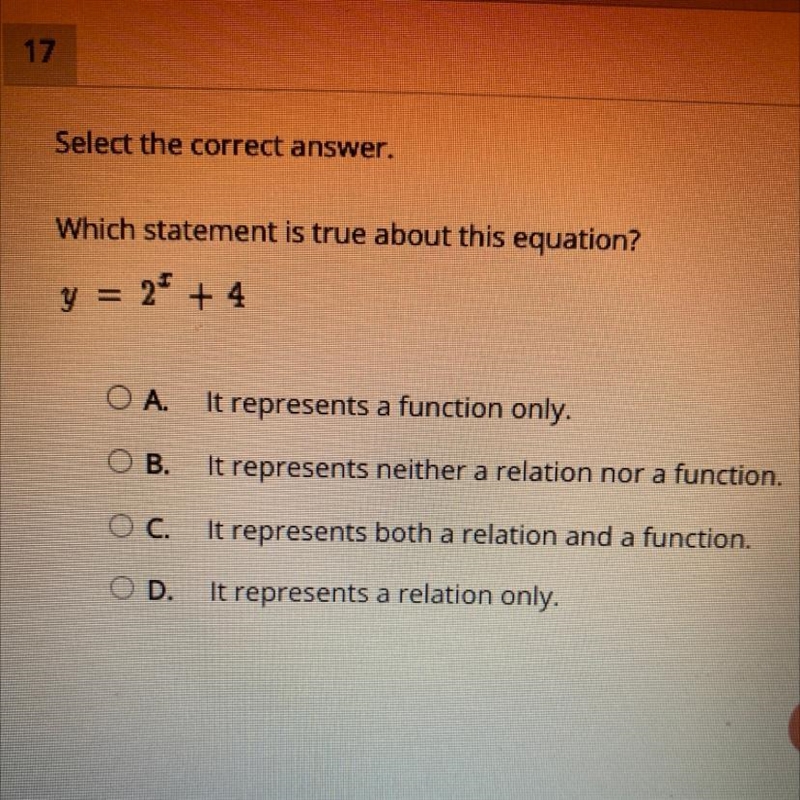 Select the correct answer. Which statement is true about this equation? y = 2^x+ 4-example-1