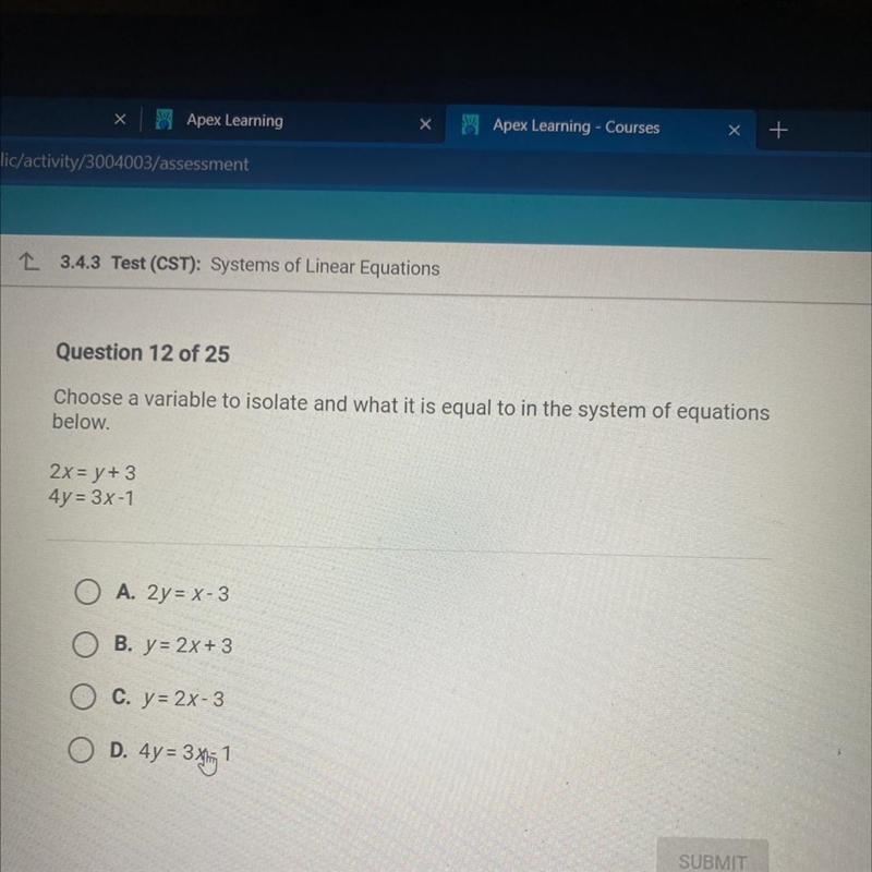 Choose a variable to isolate and what it is equal to in the system of equations below-example-1