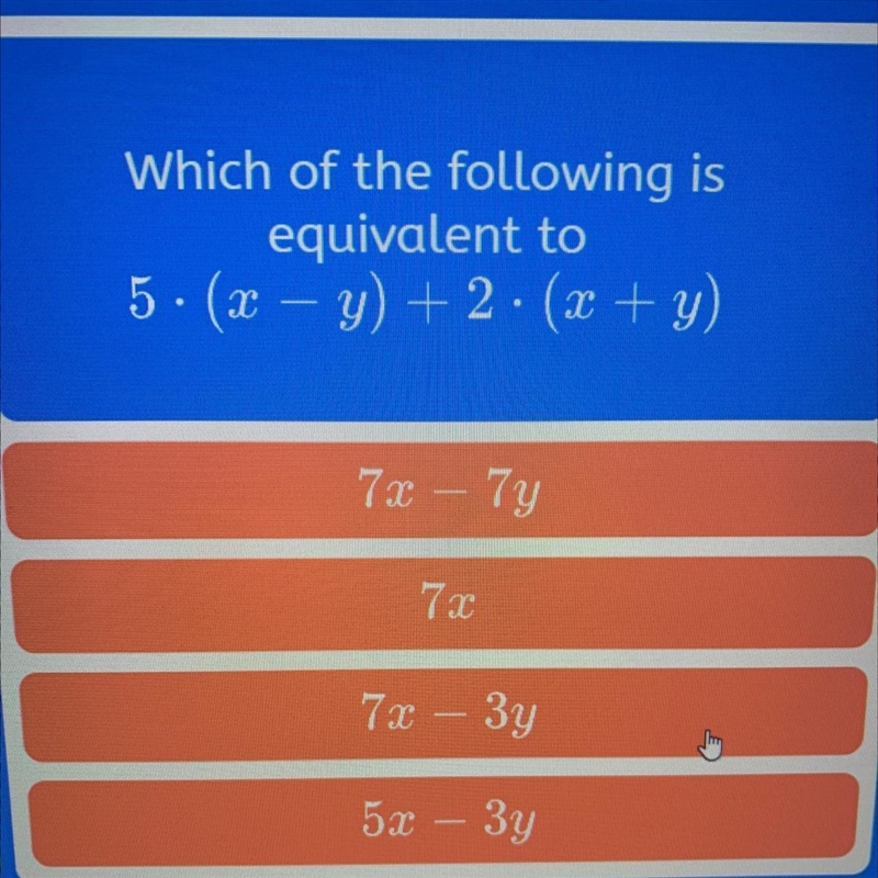 5 • (x - y) + 2 • (x + y) Can someone explain? I don’t understand how they’re getting-example-1