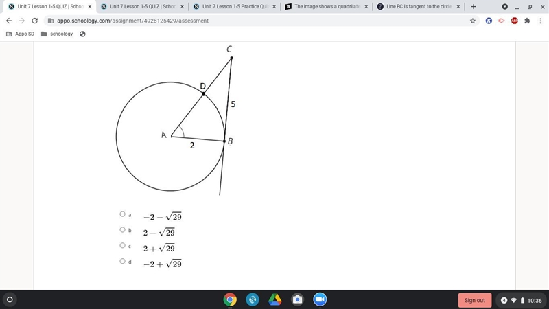 BC is tanget to the circle centered at A with a radius of 2. What is the length of-example-1