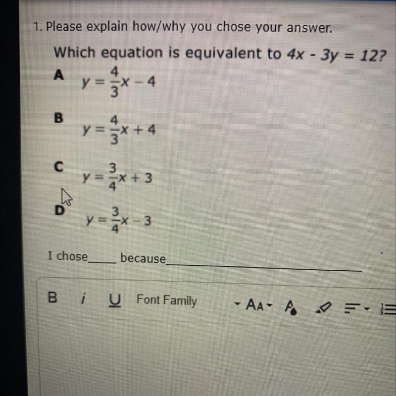 1. Please explain how/why you chose your answer. Which equation is equivalent to 4x-example-1