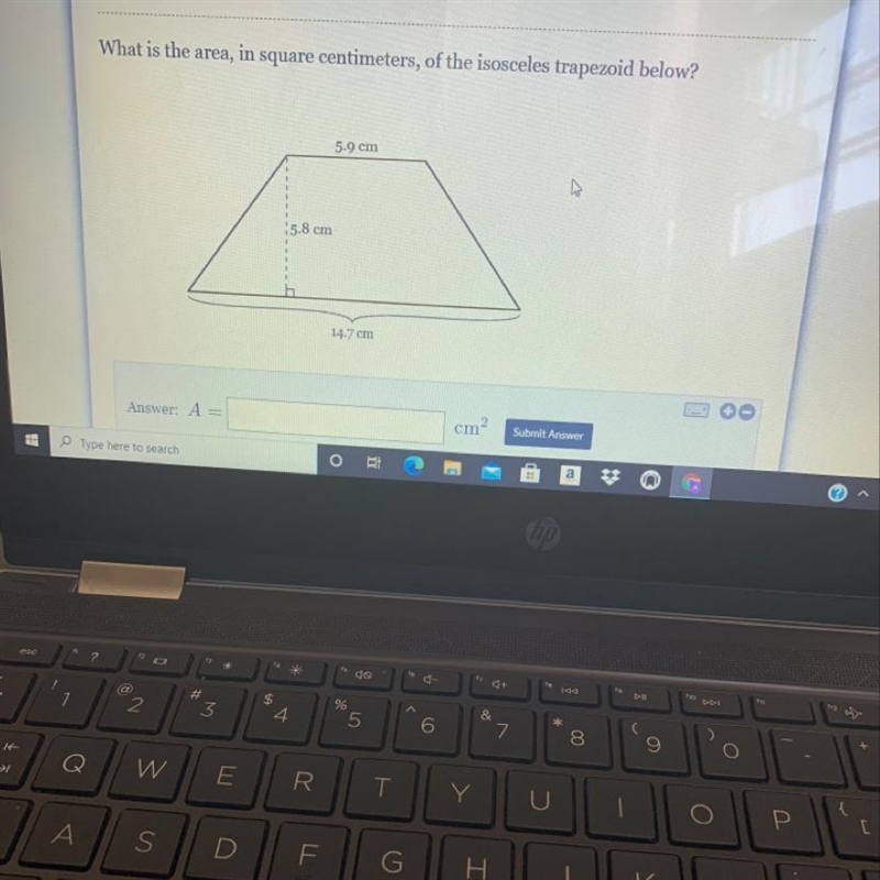 What is the area, in square centimeters, of the isosceles trapezoid below? 5.9 cm-example-1