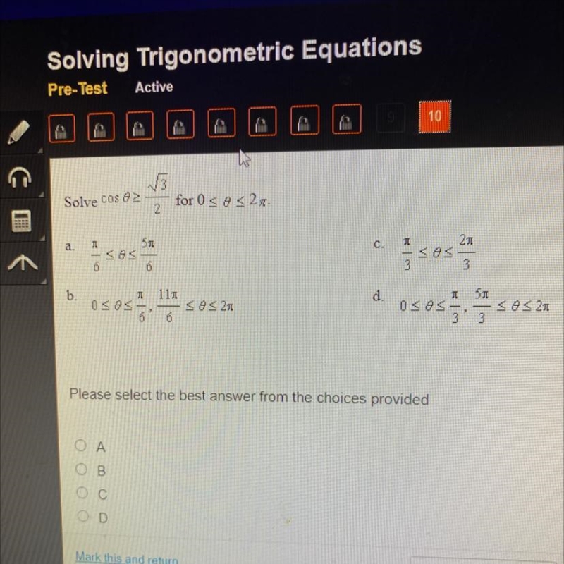 Solve cos(theta)>sqrt3/2 for 0-example-1