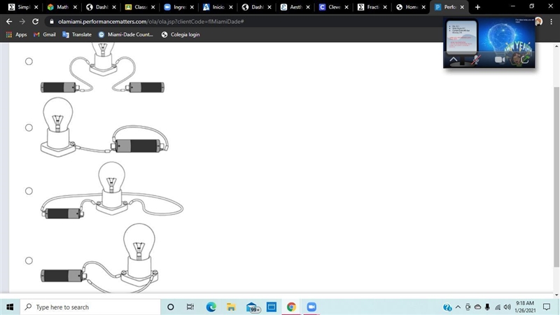 Which electric circuit arrangement will light the bulb?-example-1