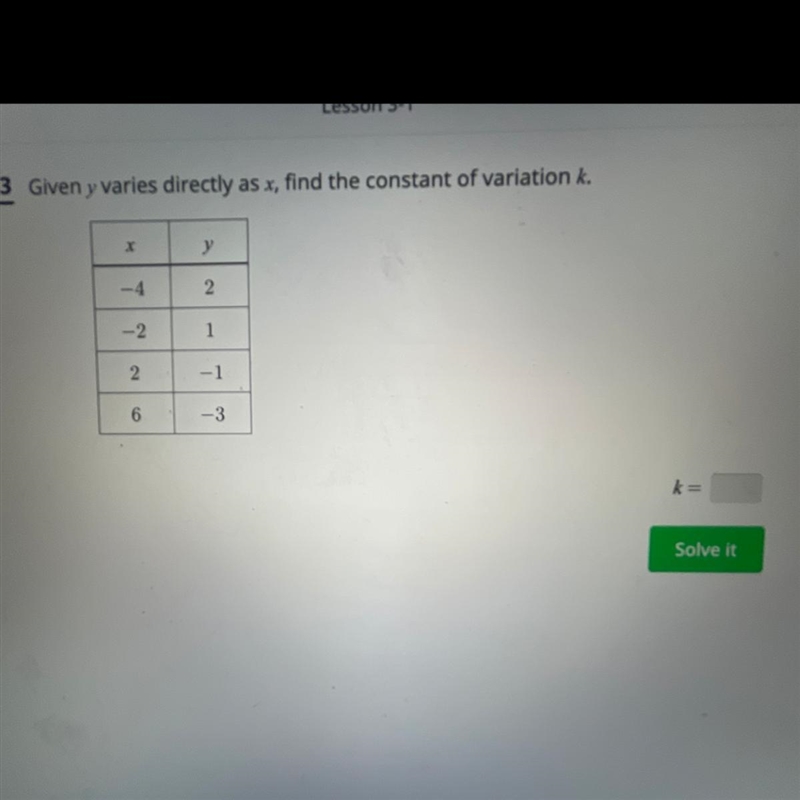 Given y varies directly as x, find the constant of variation k.-example-1