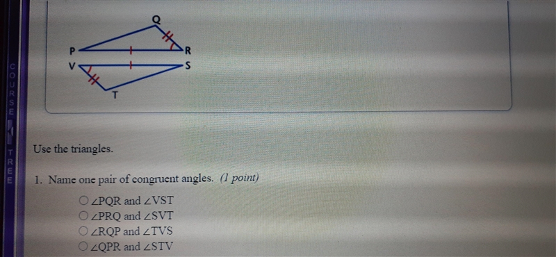 Use the triangles Name one pair of congruent angles.-example-1