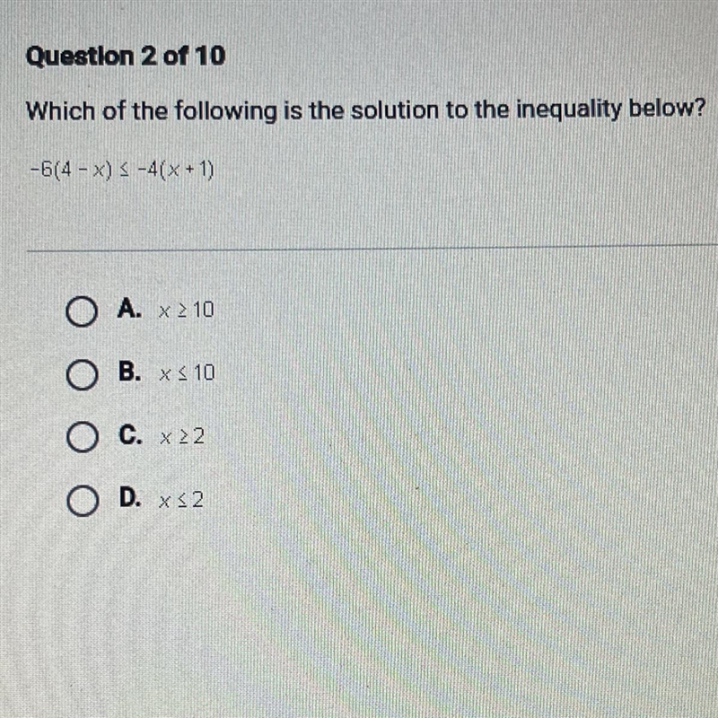 Which of the following is the solution to the inequality below? -6(4 - x) S-4(x + 1) O-example-1