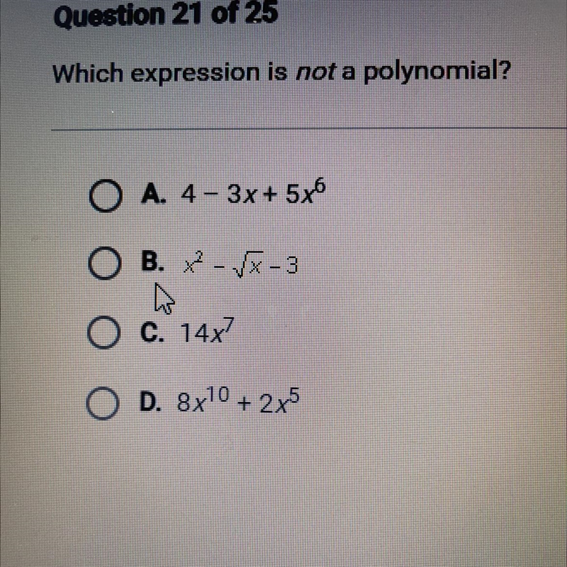 Which expression is not a polynomial?-example-1