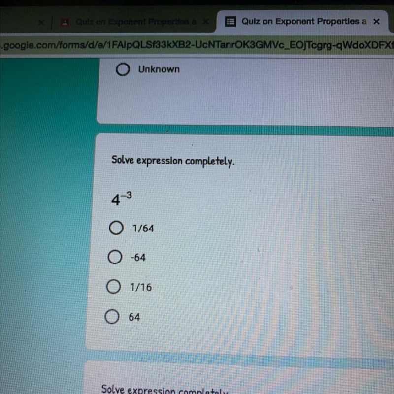 Solve expression completely. 4-3 O 1/64 O -64 O 1/16 O 64-example-1