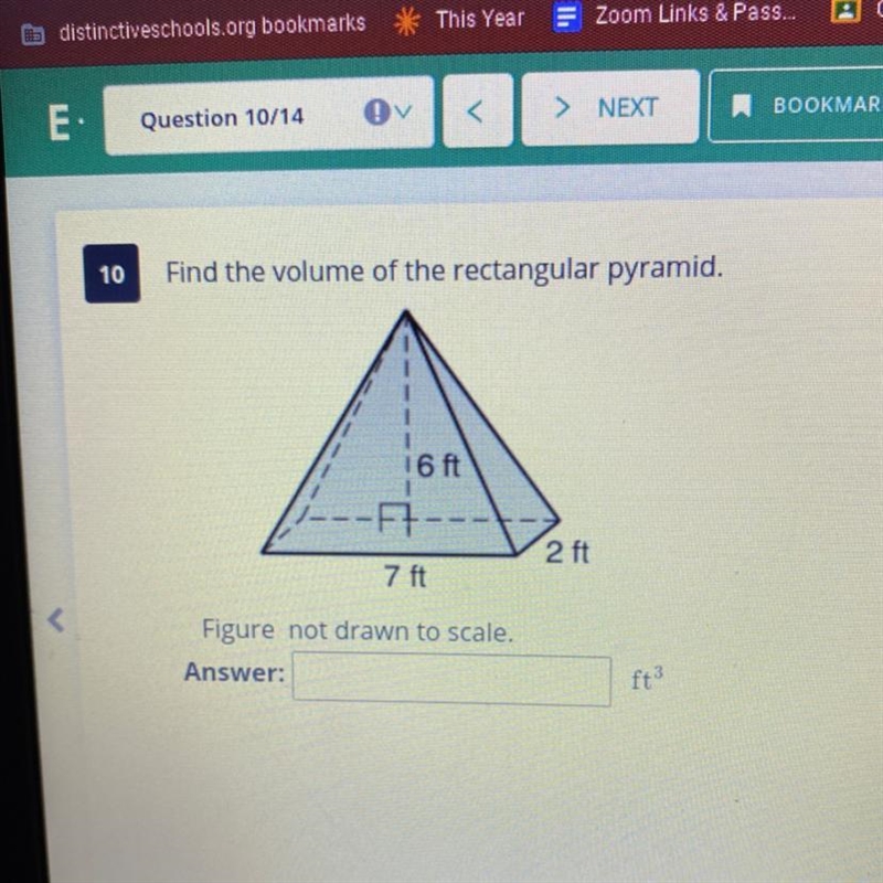 Find the volume of the rectangular pyramid. 6 ft 2 ft 7 ft Figure not drawn to scale-example-1