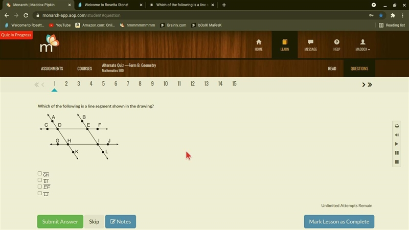 Which of the following is a line segment shown in the drawing?-example-1