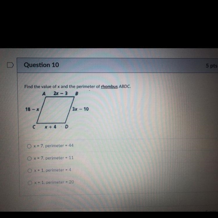 Help pls!! Find the value of x and the perimeter of rhombus ABDC-example-1