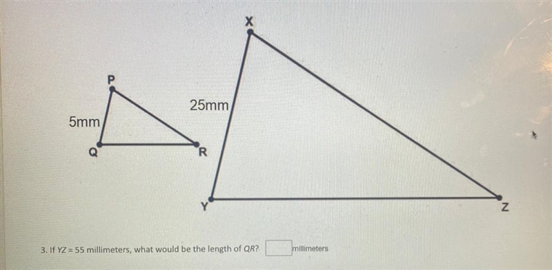 If YZ= 55 millimeters, what would be the length of QR? Millimeters-example-1