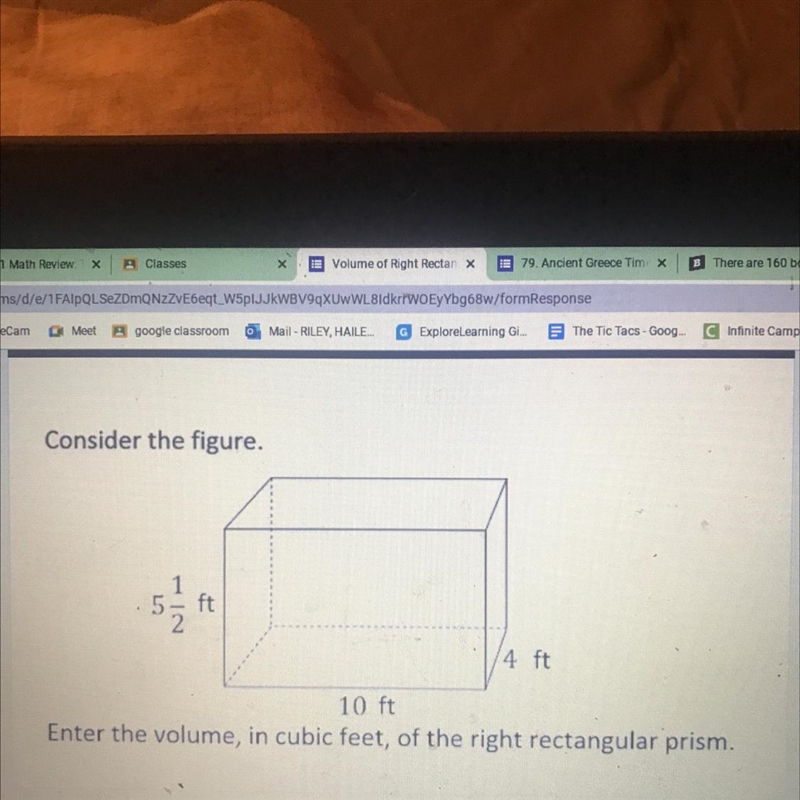 Consider the figure. ft 4 ft 10 ft Enter the volume, in cubic feet, of the right rectangular-example-1